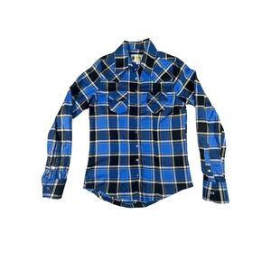 Outback Trading Company Western Shirt Womens Small Blue Black Plaid Pearl Snap